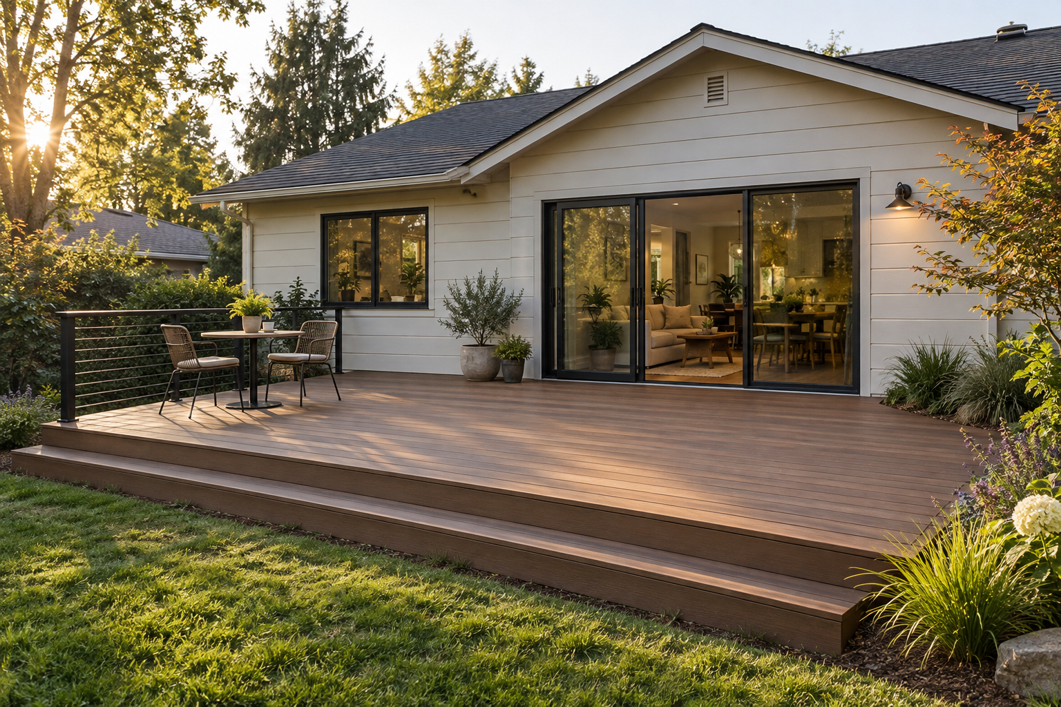 Concept of a home with a new deck and steps into the backyard