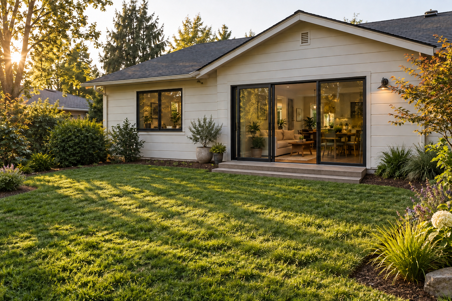 Concept photograph of a modest home and yard before a deck project